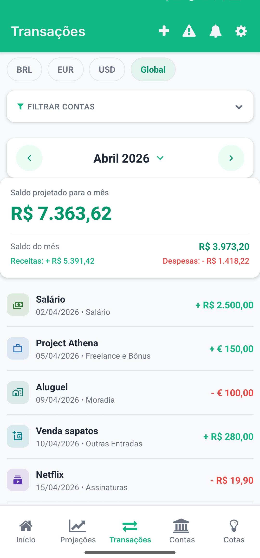 Lista de transações em múltiplas moedas — BRL, EUR e USD na mesma tela