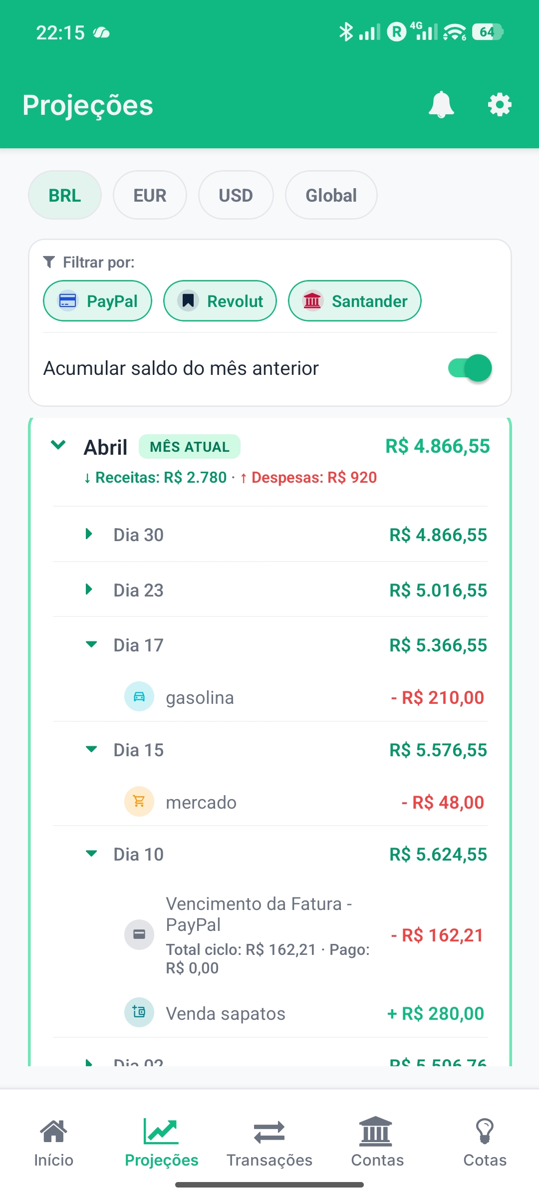 Projeções detalhadas