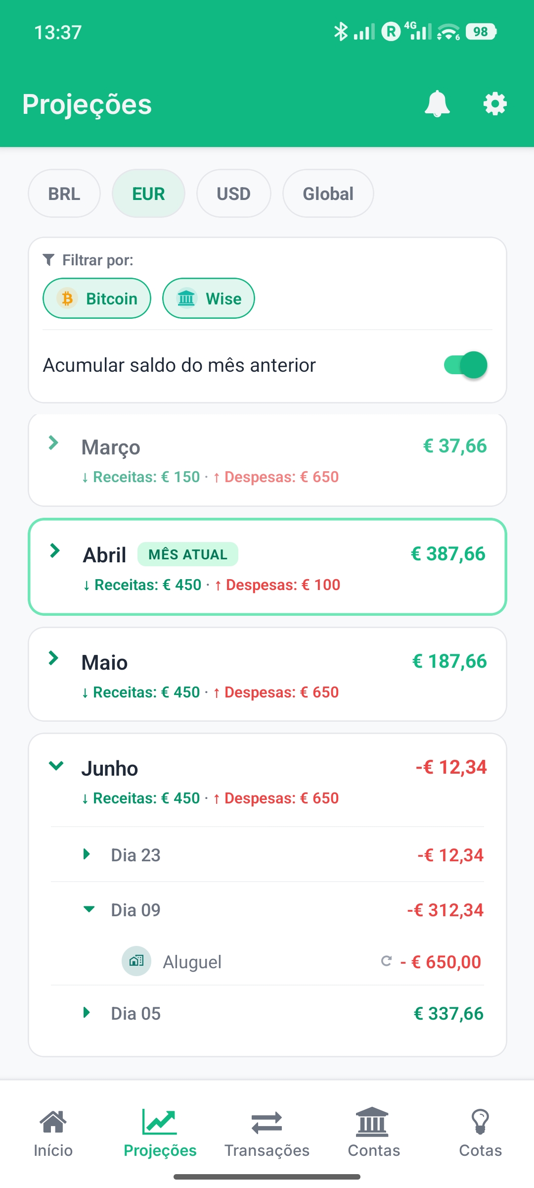 Projeções detalhadas