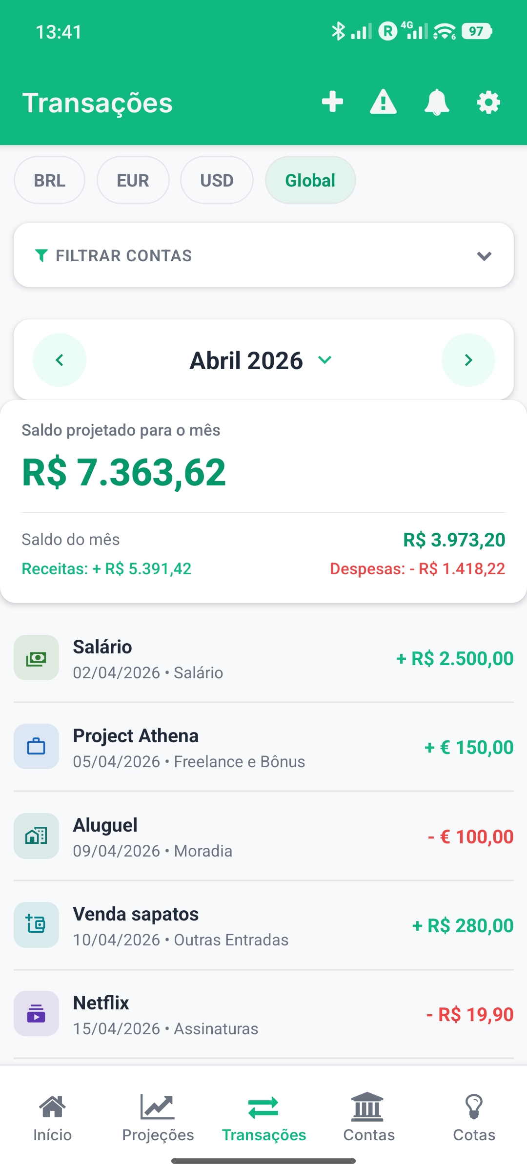 Todas as transações em uma única tela