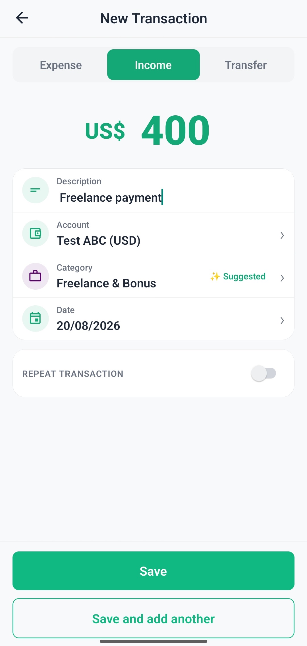 New transaction form in My Smart Finance showing automatic currency from selected account