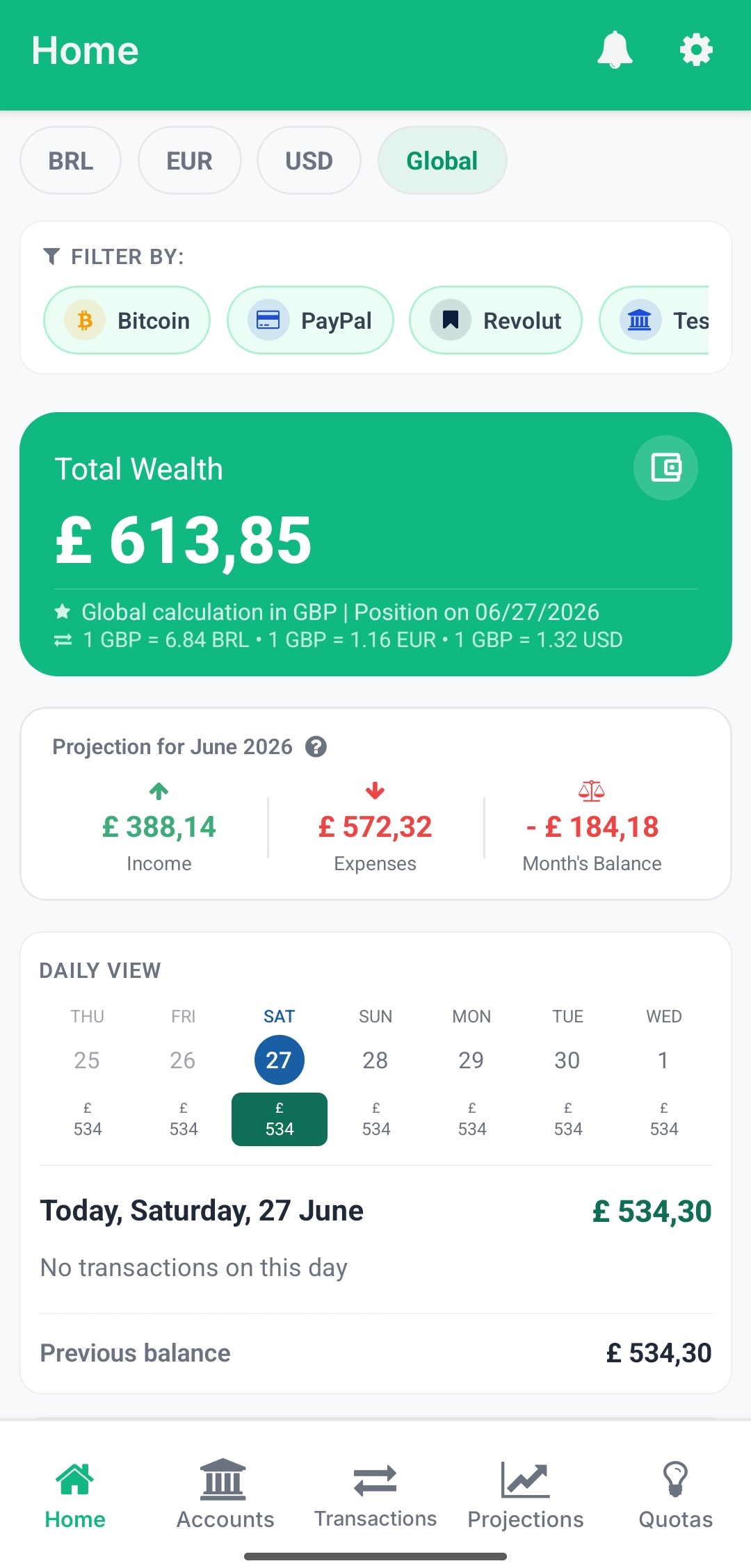 My Smart Finance home dashboard showing total wealth consolidated across multiple currencies with live exchange rates